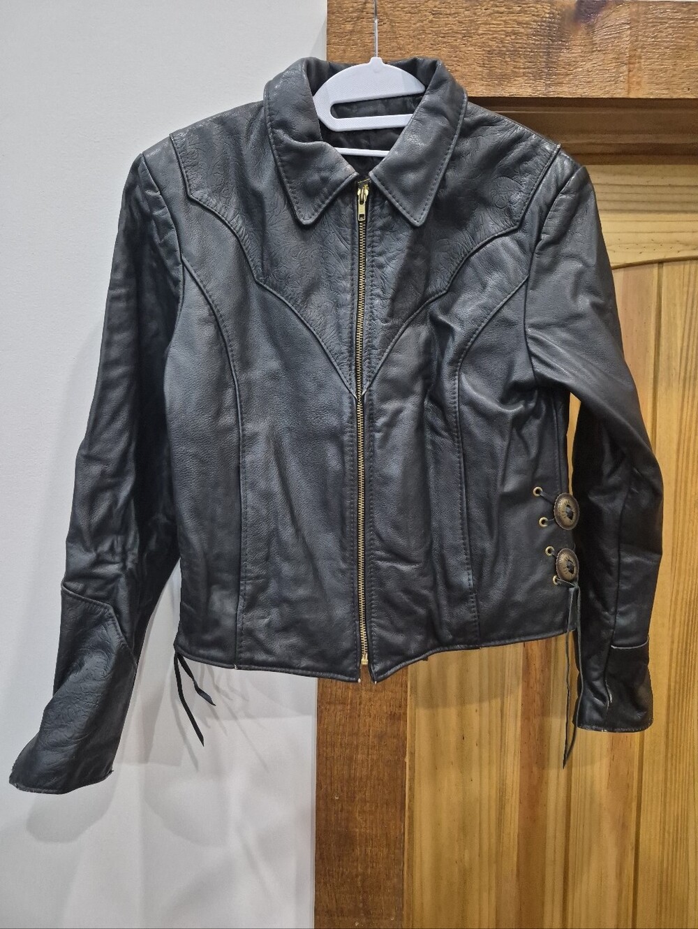 Vintage Women's Protech Leather Apparel Biker Jacket Decorative Lace Embossed